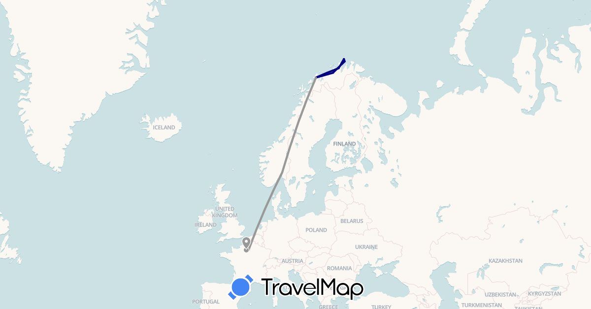 TravelMap itinerary: driving, plane in France, Norway (Europe)